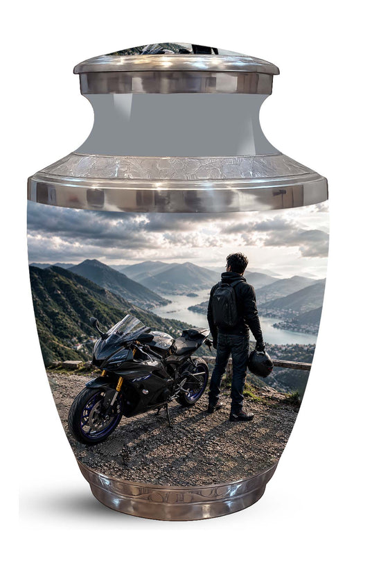 Mountain Motorcycle Rider Cremation Urn - Custom Aluminum Memorial Urn