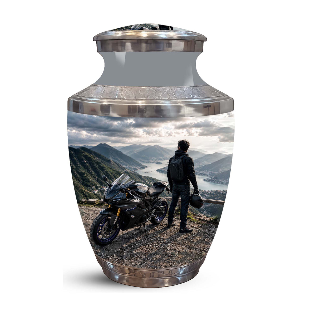 Mountain Motorcycle Rider Cremation Urn - Custom Aluminum Memorial Urn