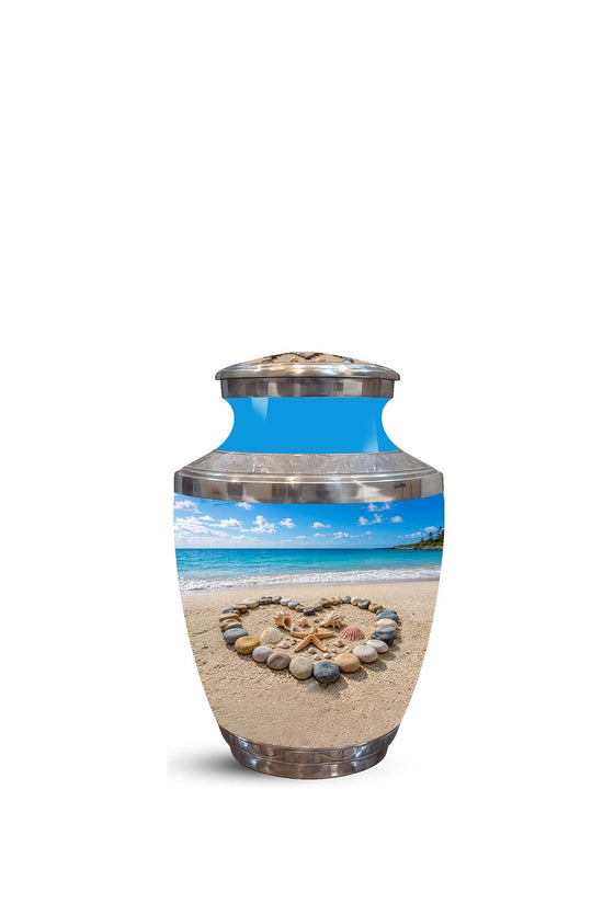 Personalized Blue Ocean Heart Beach Urn - Aluminum Urns For Ashes