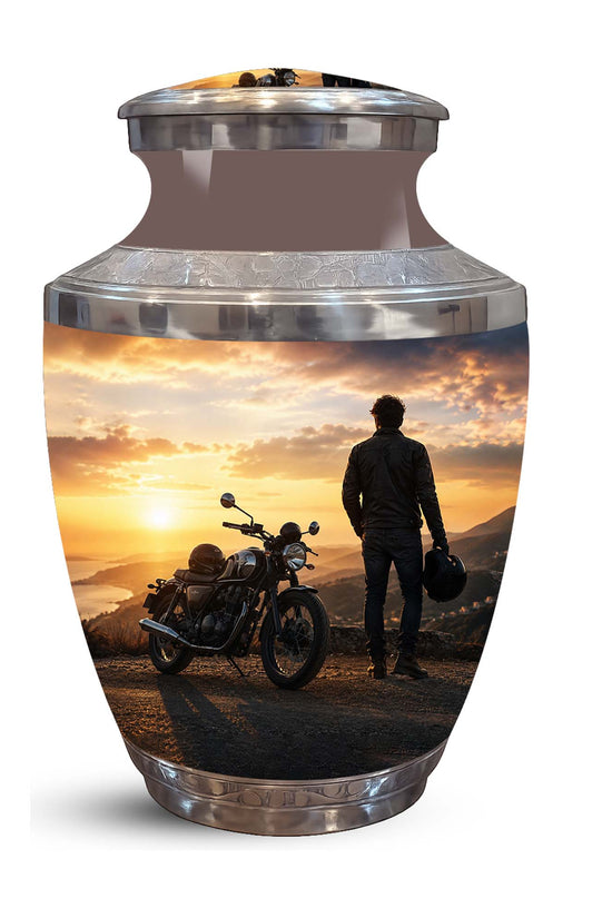 Sunset Motor Bike Rider Funeral Urn - Custom Memorial Tribute Funeral Urns