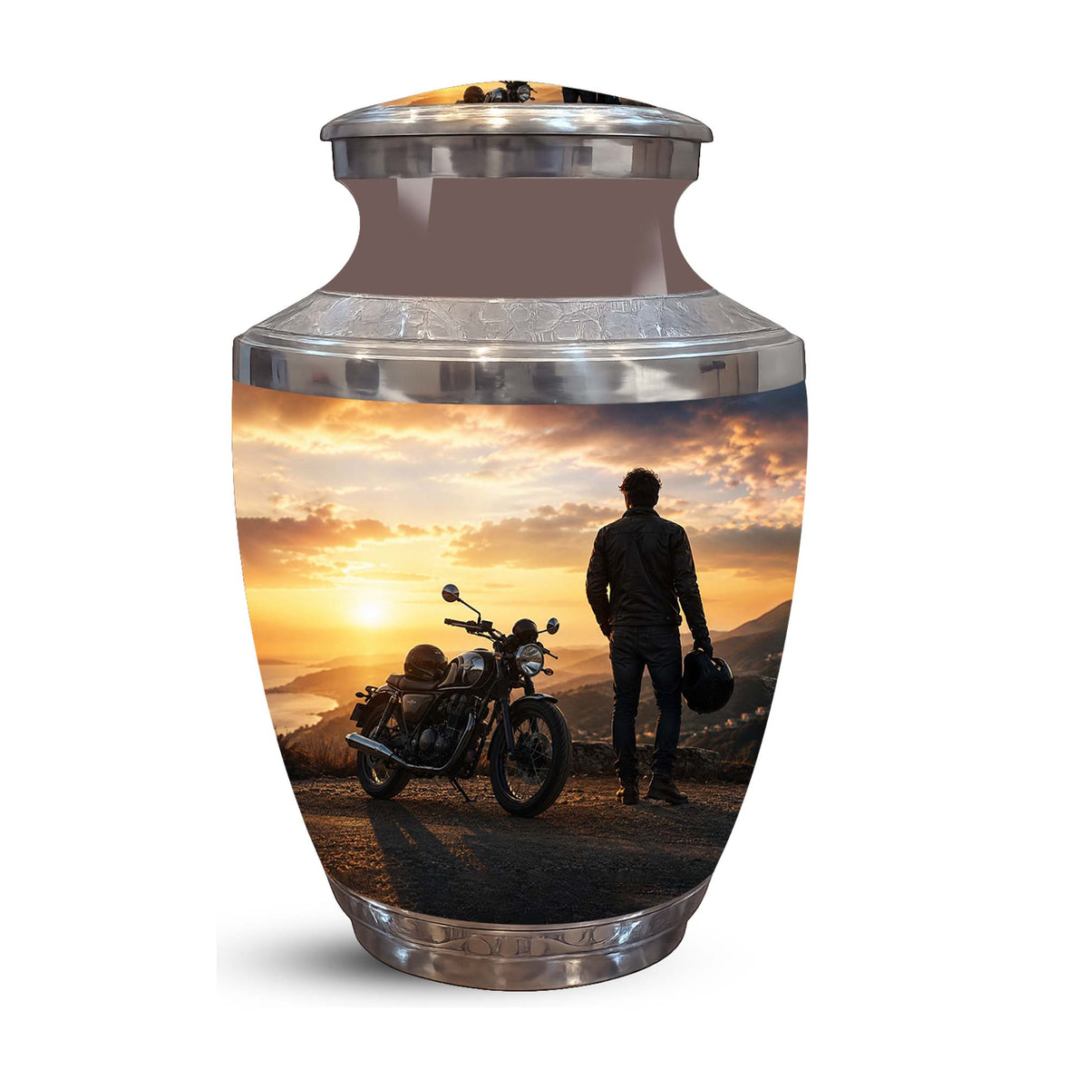 Sunset Motor Bike Rider Funeral Urn - Custom Memorial Tribute Funeral Urns