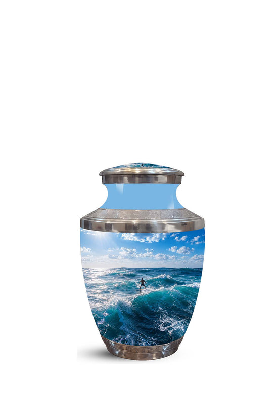 Man Surfing Big Waves Ocean Cremation Urn – Custom Aluminum Memorial Urn