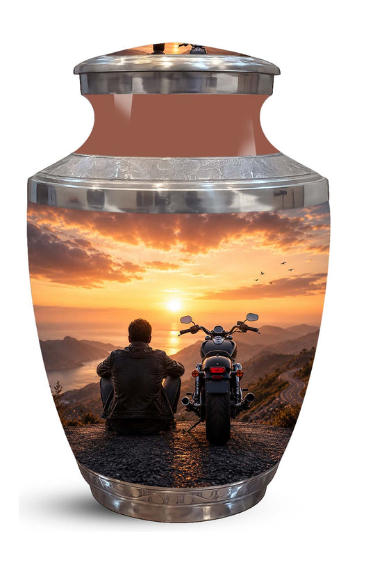 Peaceful Sunset Motorcycle Cremation Urn – Memorial Tribute to Biker Ashes