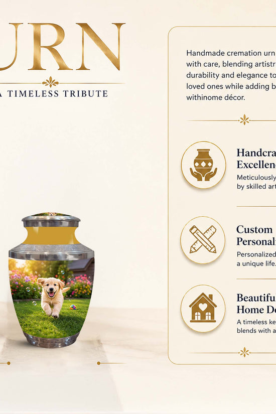 Personalized cremation urn featuring a printed photo of a golden retriever on a green lawn, shown on a beige background with product features and dimensions.