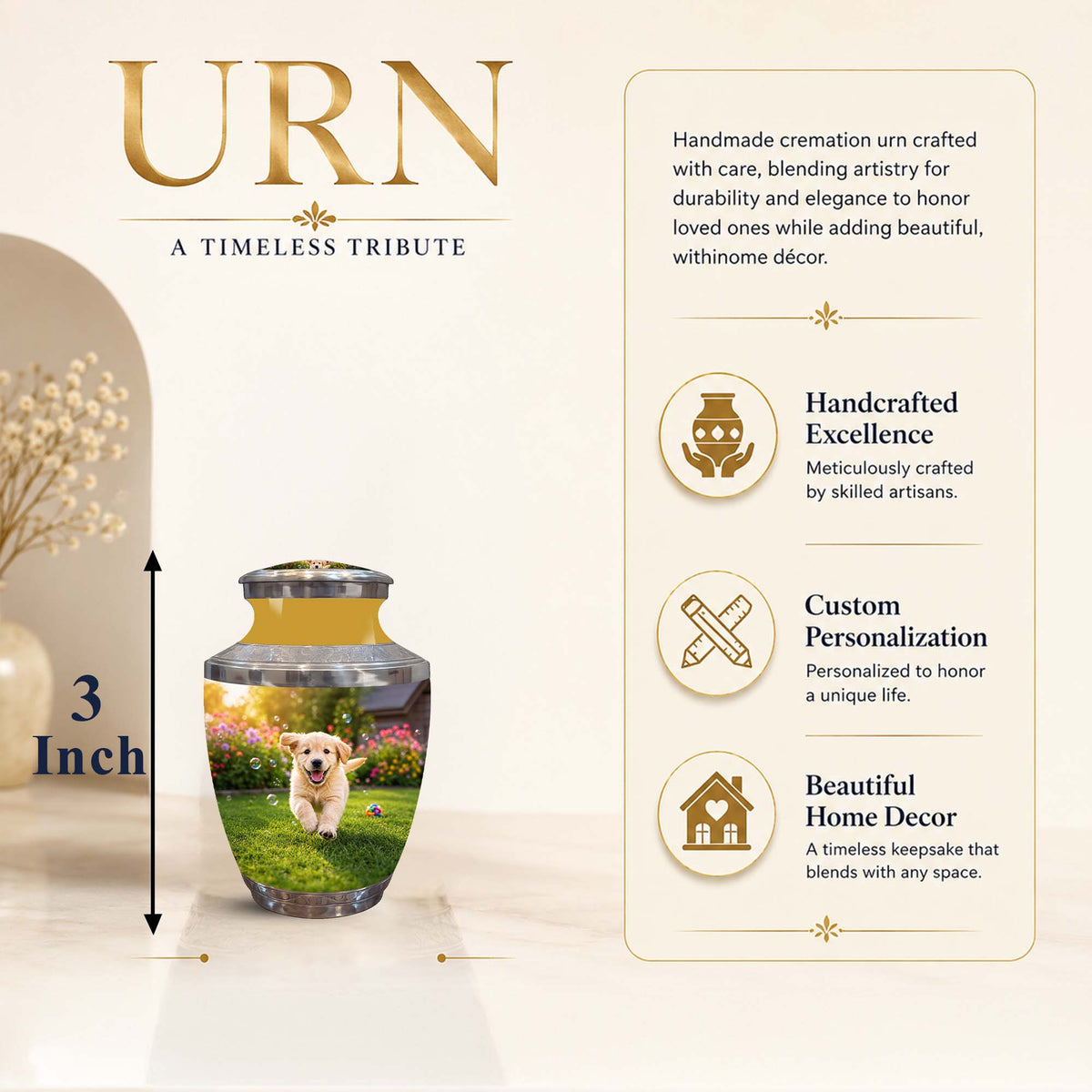 Personalized cremation urn featuring a printed photo of a golden retriever on a green lawn, shown on a beige background with product features and dimensions.