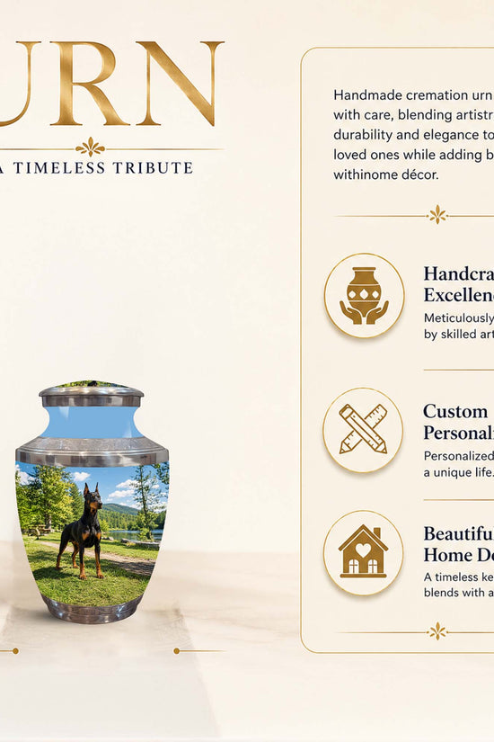 Personalized ceramic cremation urn with a printed landscape photo of a black dog on a green lawn, shown on a beige background with product features and dimensions.