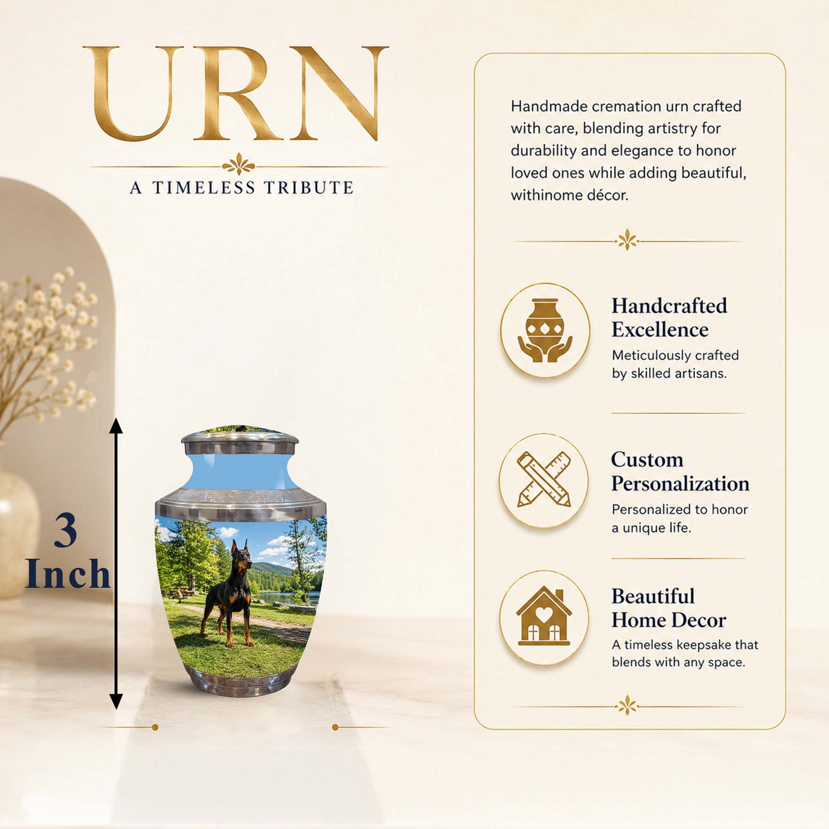 Personalized ceramic cremation urn with a printed landscape photo of a black dog on a green lawn, shown on a beige background with product features and dimensions.