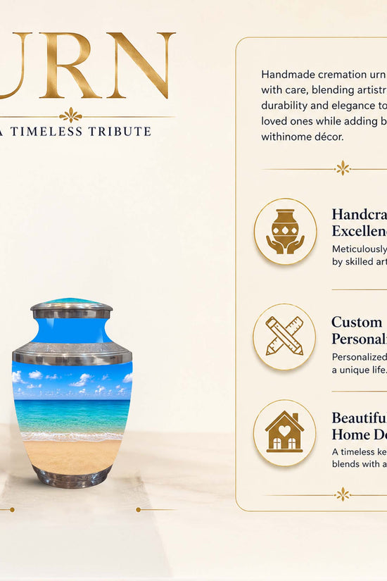 A cremation urn shown on a beige promotional graphic with the word 'URN' at top left and feature callouts on the right. The urn itself has a beach scene printed on it, with blue ocean, white sand, and a dark rim.