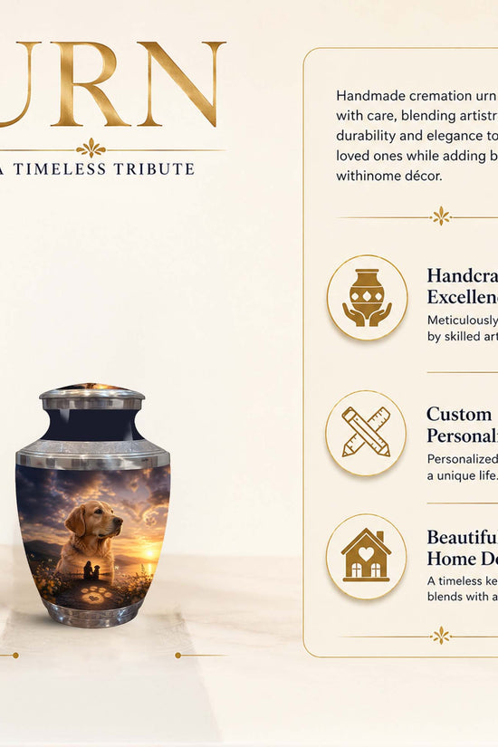A cremation urn with a printed sunset scene of a dog on the front, shown on a beige promotional background with text describing features and dimensions marked as 3 inch.