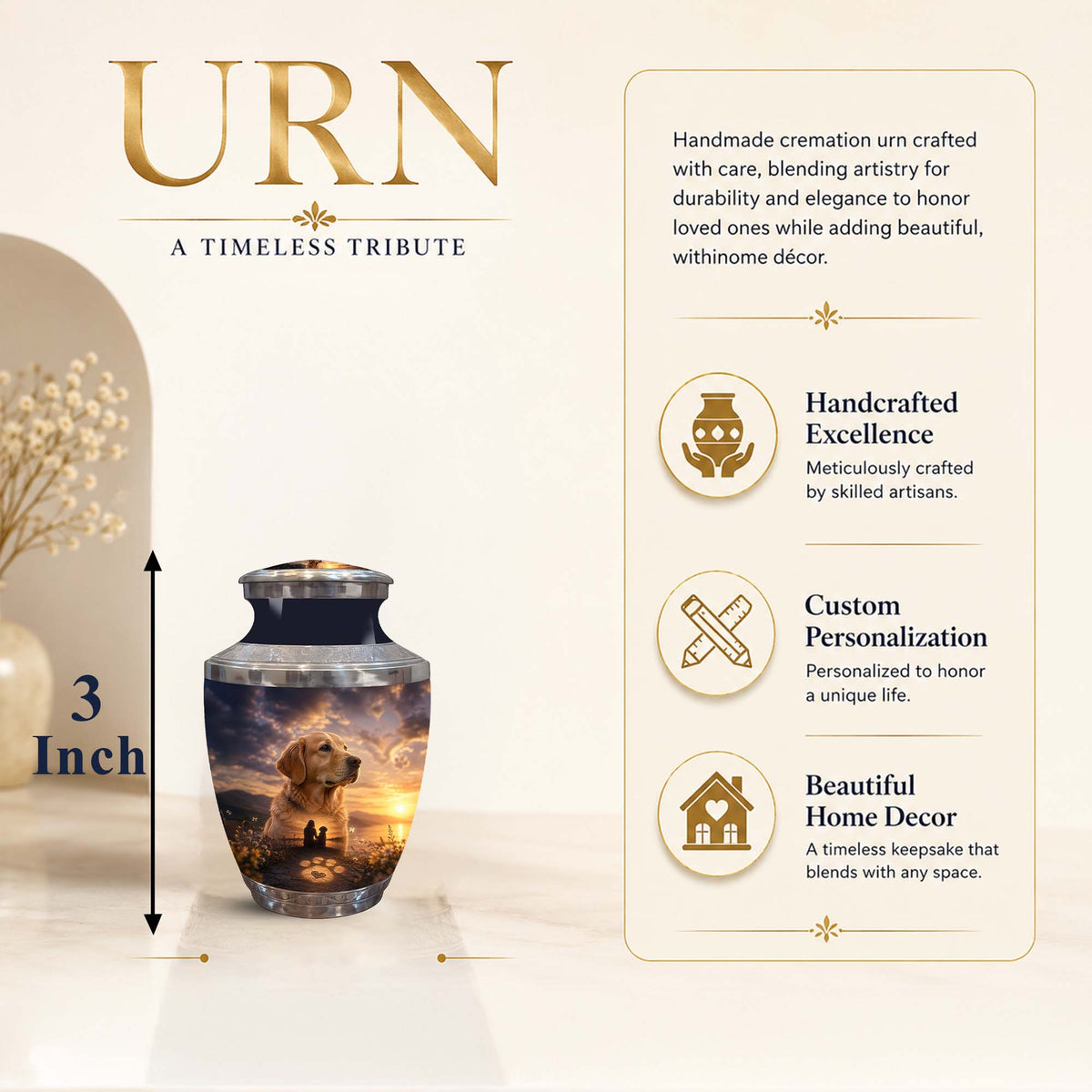A cremation urn with a printed sunset scene of a dog on the front, shown on a beige promotional background with text describing features and dimensions marked as 3 inch.