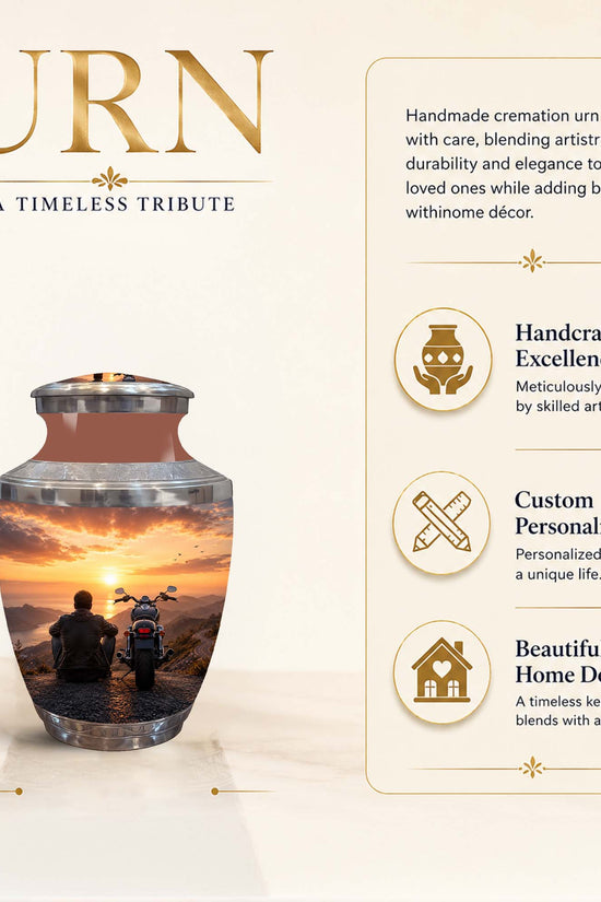 A 3-inch cremation urn with a reflective silver body and a custom sunset photo print showing a motorcycle and two silhouetted figures. The image includes marketing text and feature callouts on a warm beige background.