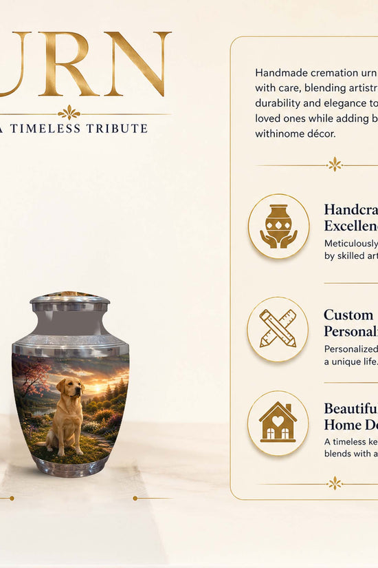 A cremation urn shown on a beige promotional graphic with text callouts. The urn is tall and cylindrical, printed with a scenic sunset landscape and a golden retriever dog.