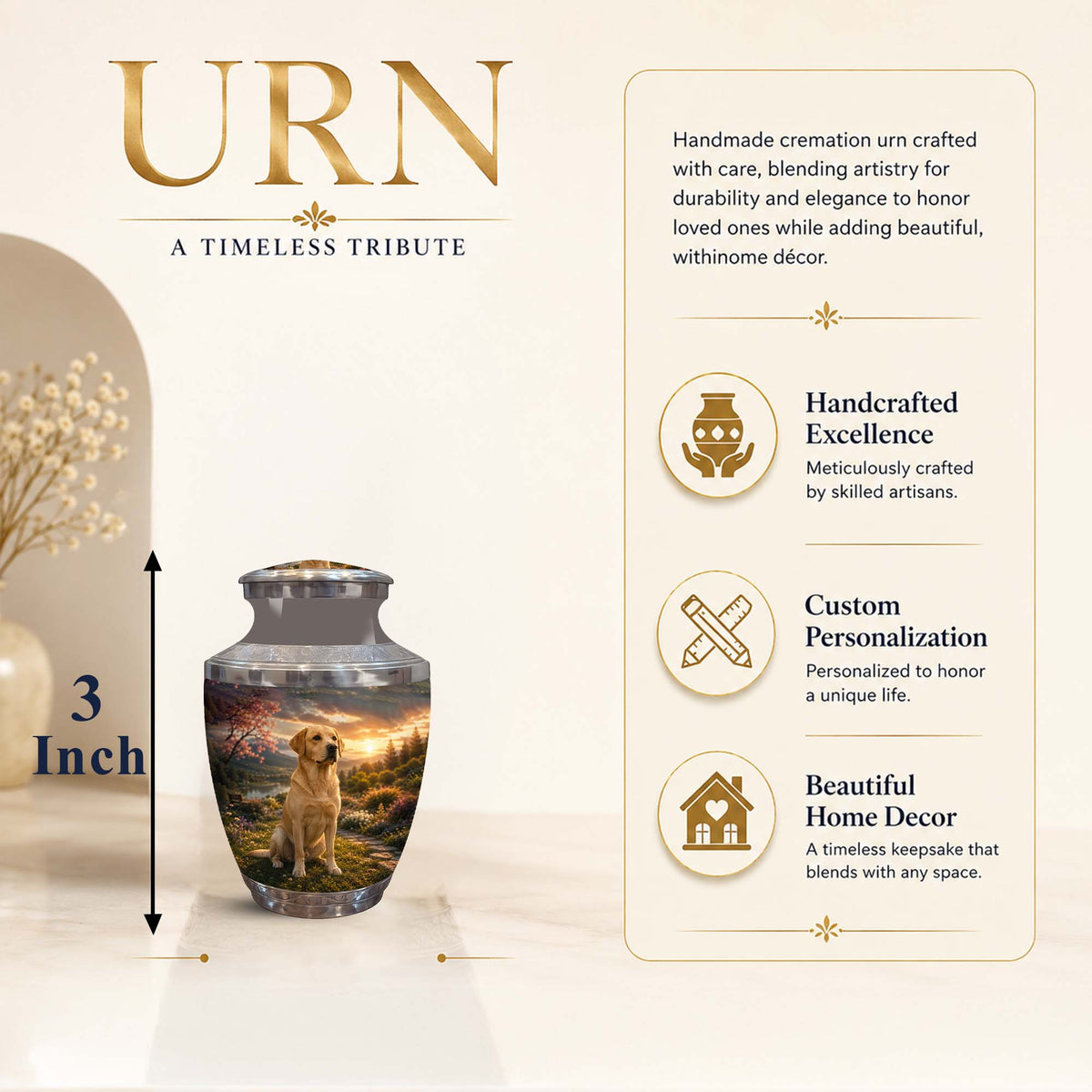 A cremation urn shown on a beige promotional graphic with text callouts. The urn is tall and cylindrical, printed with a scenic sunset landscape and a golden retriever dog.