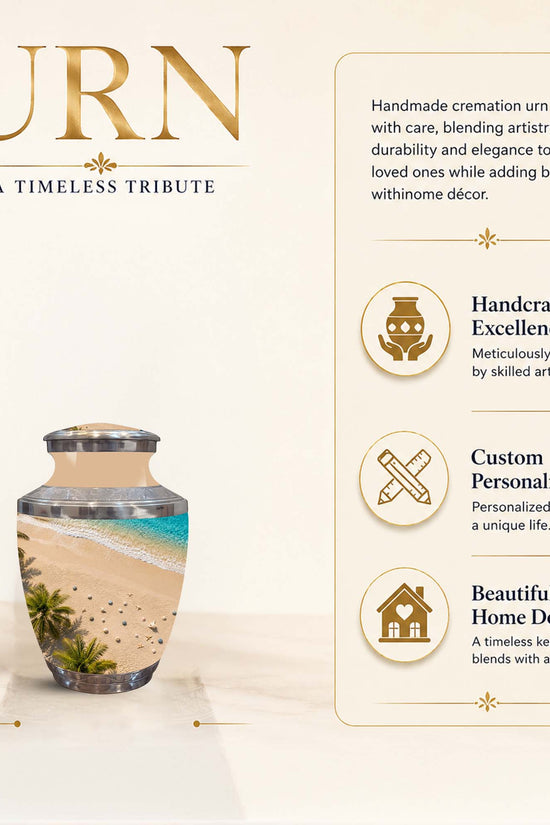 A cremation urn displayed on a light beige background with promotional text. The urn is a small decorative jar with a lid, featuring a printed beach scene on the front.
