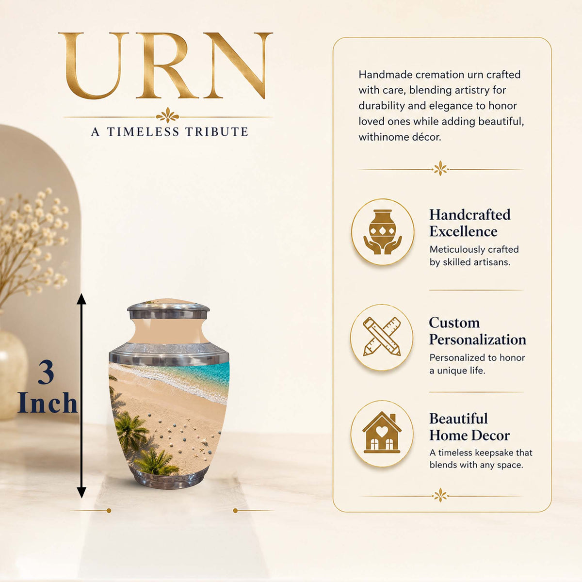 A cremation urn displayed on a light beige background with promotional text. The urn is a small decorative jar with a lid, featuring a printed beach scene on the front.