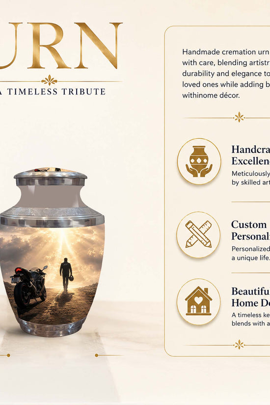 A 3-inch cremation urn with a reflective silver finish and a printed photo of a man walking toward a bright light next to a motorcycle, shown on a beige background with descriptive text and feature icons.