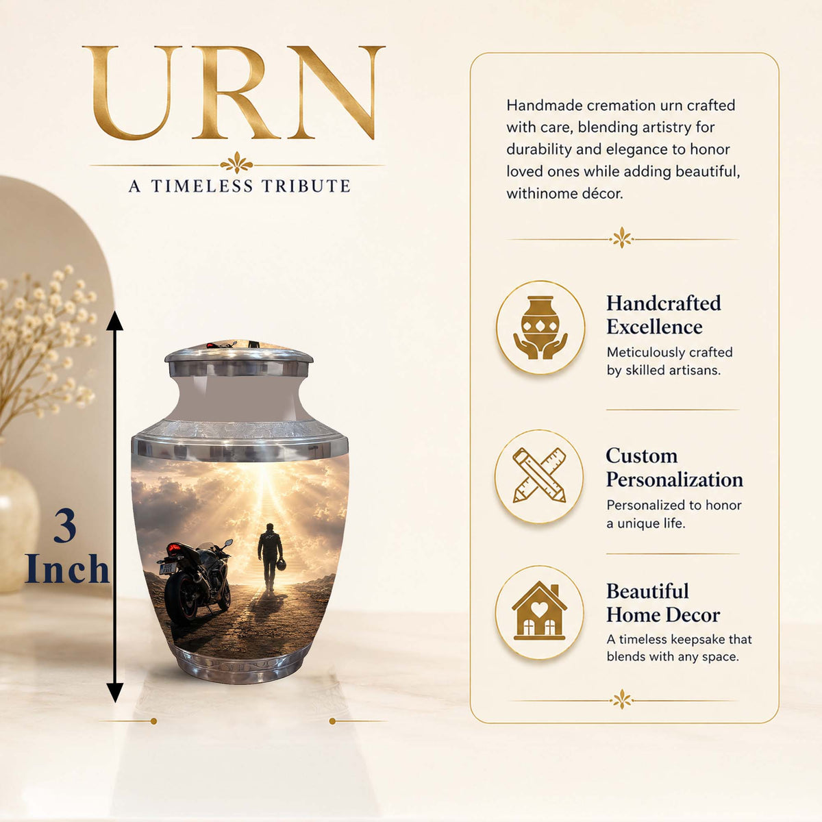 A 3-inch cremation urn with a reflective silver finish and a printed photo of a man walking toward a bright light next to a motorcycle, shown on a beige background with descriptive text and feature icons.