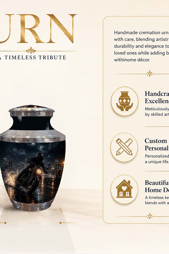 A 3-inch cremation urn with a glossy black finish and a detailed cityscape design on the front, shown next to descriptive text highlighting its handcrafted excellence, customization options, and home decor appeal.