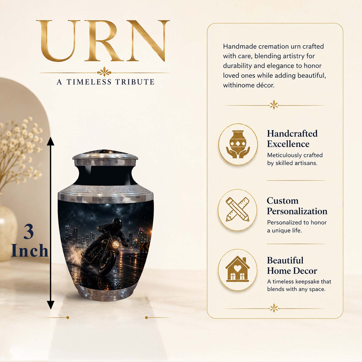 A 3-inch cremation urn with a glossy black finish and a detailed cityscape design on the front, shown next to descriptive text highlighting its handcrafted excellence, customization options, and home decor appeal.