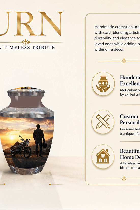 Personalized 3 inch cremation urn with a sunset motorcycle and rider design, shown on a beige background with product text and feature callouts.