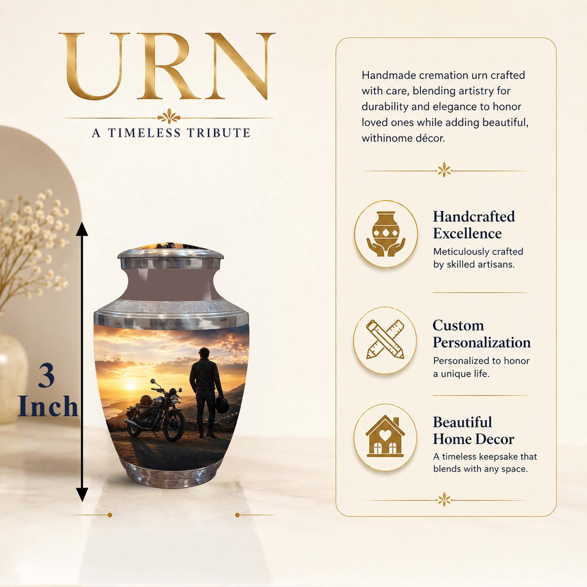 Personalized 3 inch cremation urn with a sunset motorcycle and rider design, shown on a beige background with product text and feature callouts.