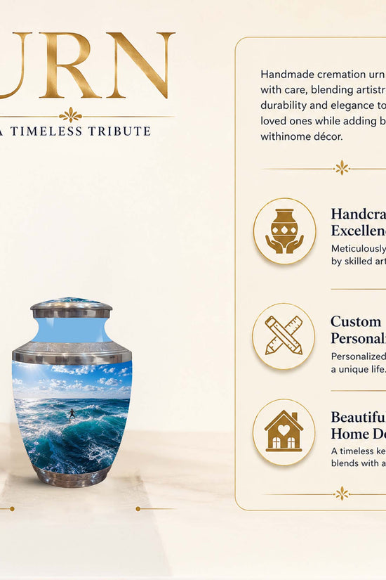 A cremation urn with a printed ocean wave design, shown on a beige promotional background with text describing features and size. The urn has a blue and white wave pattern with a metallic silver lid.