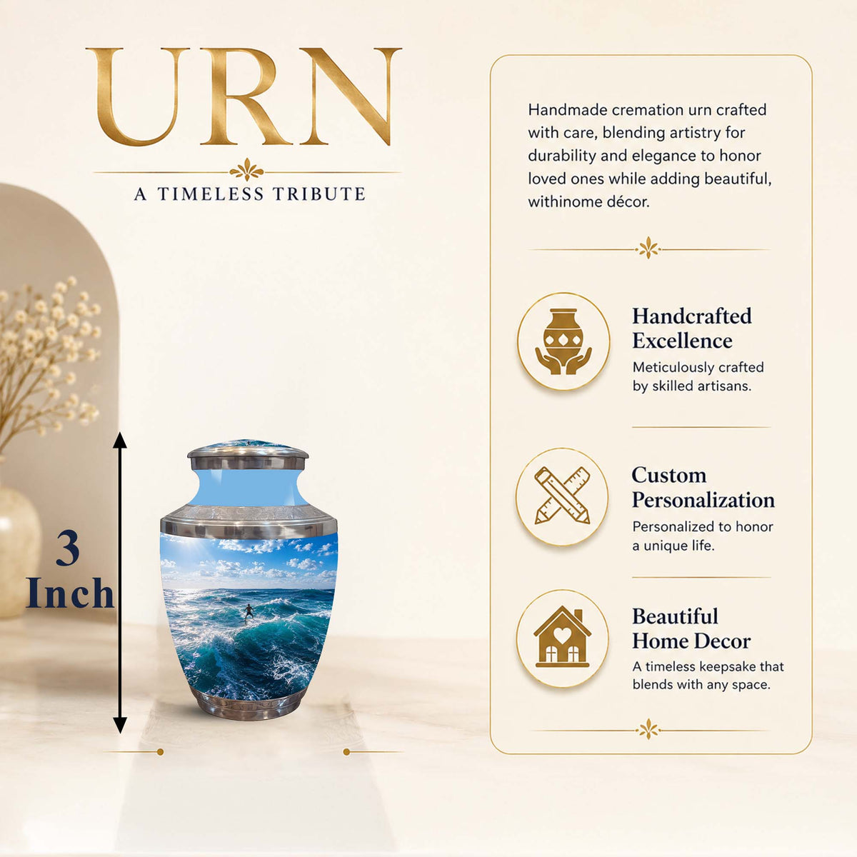 A cremation urn with a printed ocean wave design, shown on a beige promotional background with text describing features and size. The urn has a blue and white wave pattern with a metallic silver lid.