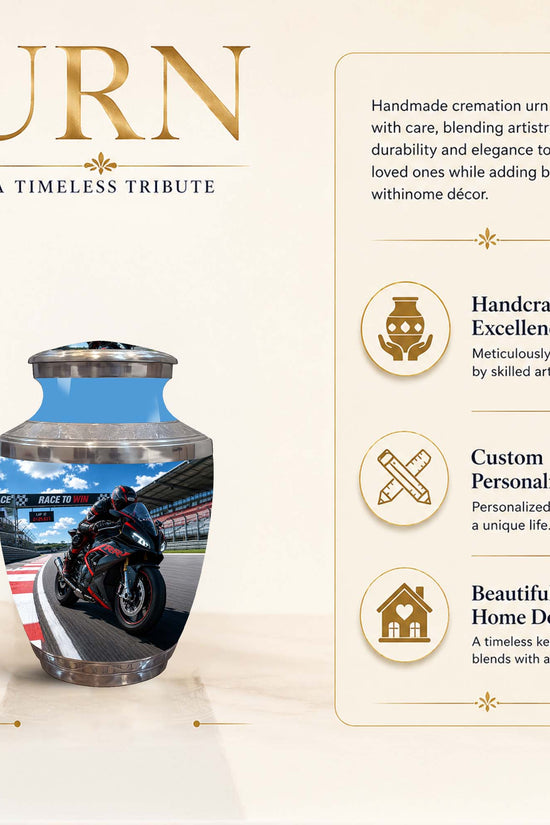 Personalized metal cremation urn with a motorcycle racing graphic, shown on a beige background with descriptive text and feature icons. The urn is labeled as 3 inch tall, with the word 'URN' at the top.