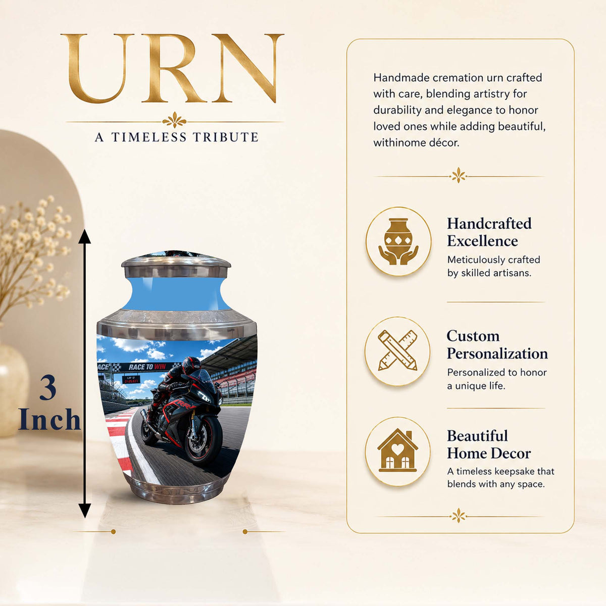 Personalized metal cremation urn with a motorcycle racing graphic, shown on a beige background with descriptive text and feature icons. The urn is labeled as 3 inch tall, with the word 'URN' at the top.