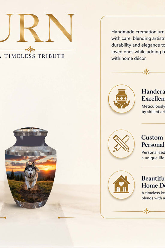 A cream-colored promotional graphic for a personalized pet cremation urn. The urn itself features a printed photo of a husky in a sunset field.