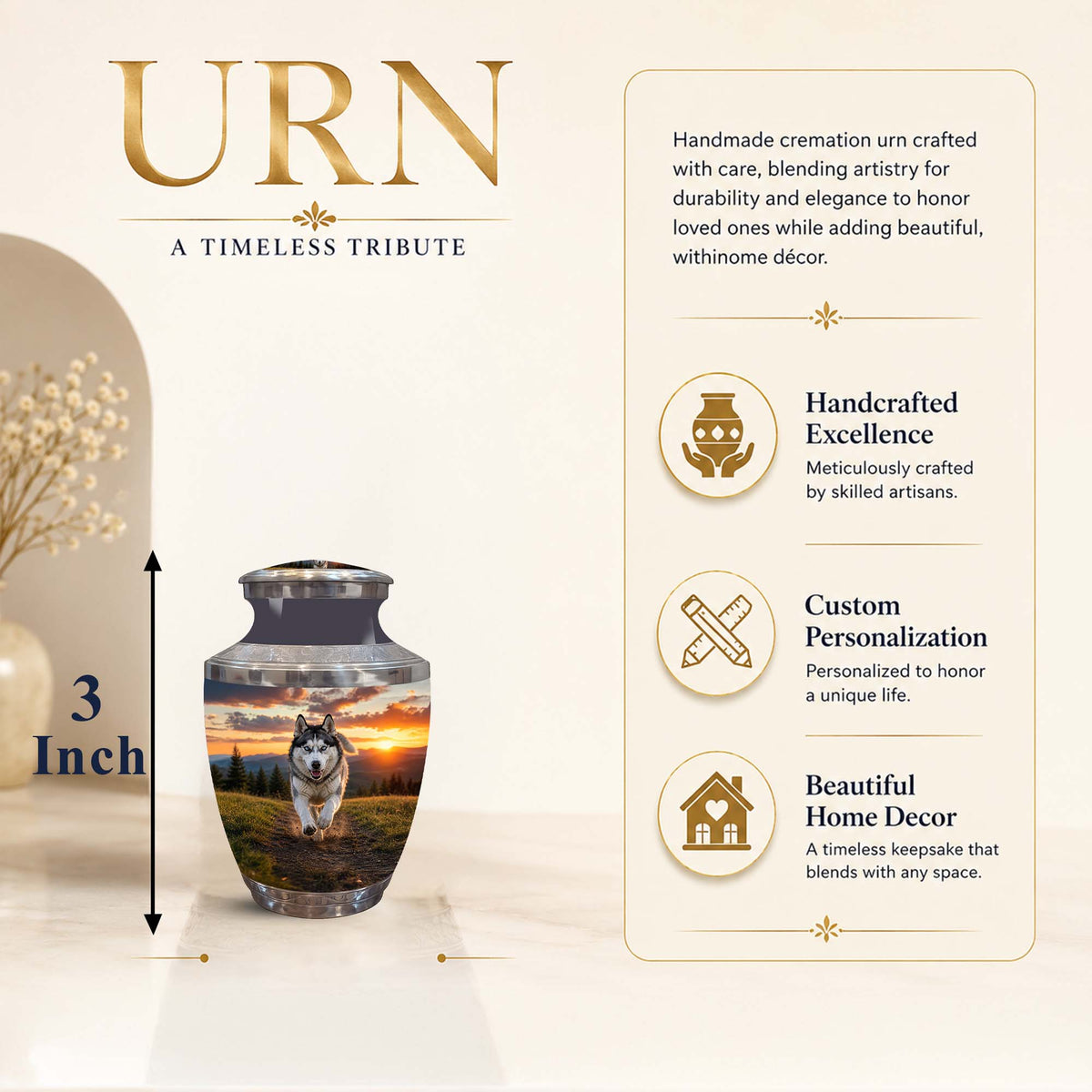 A cream-colored promotional graphic for a personalized pet cremation urn. The urn itself features a printed photo of a husky in a sunset field.