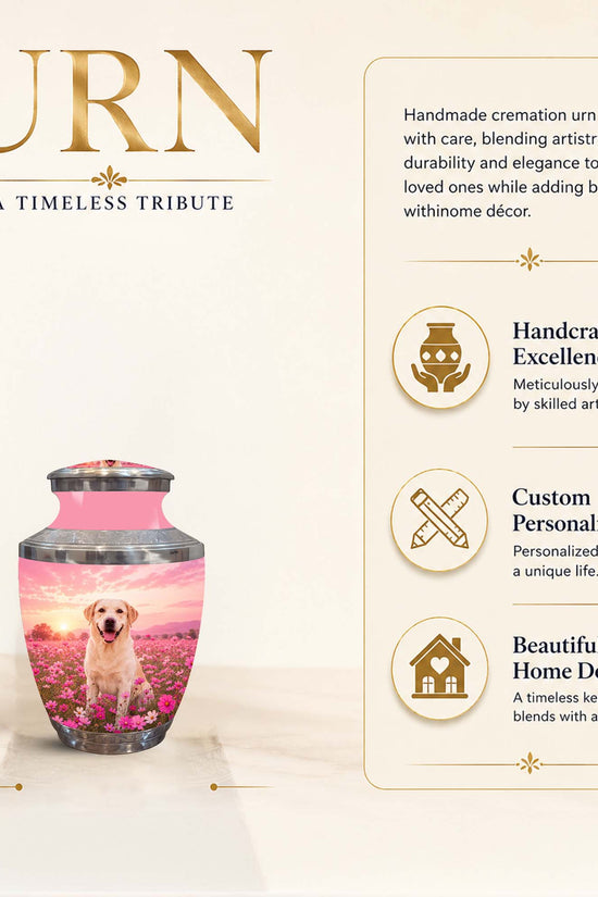 Personalized pet cremation urn with a printed photo of a golden retriever in a flower field, shown on a beige background with descriptive text and size information.