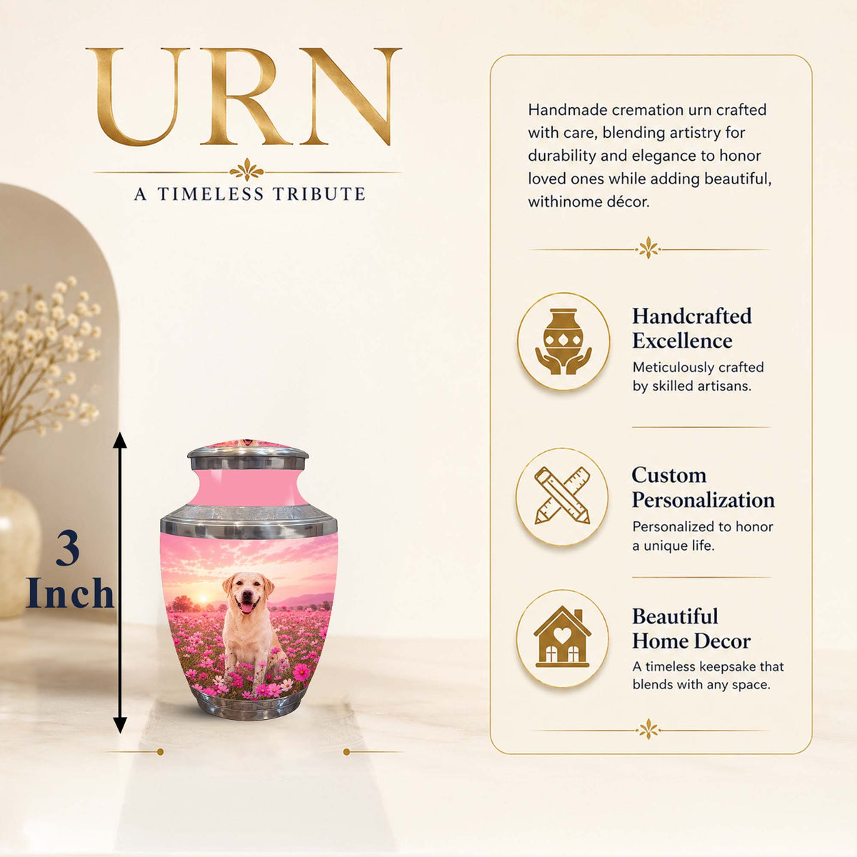 Personalized pet cremation urn with a printed photo of a golden retriever in a flower field, shown on a beige background with descriptive text and size information.
