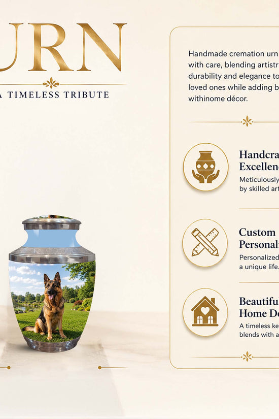 A personalized 3 inch pet cremation urn shown on a beige promotional background with text callouts. The urn is a small decorative jar with a lid, featuring a printed photo of a German Shepherd dog in a grassy field on the front.