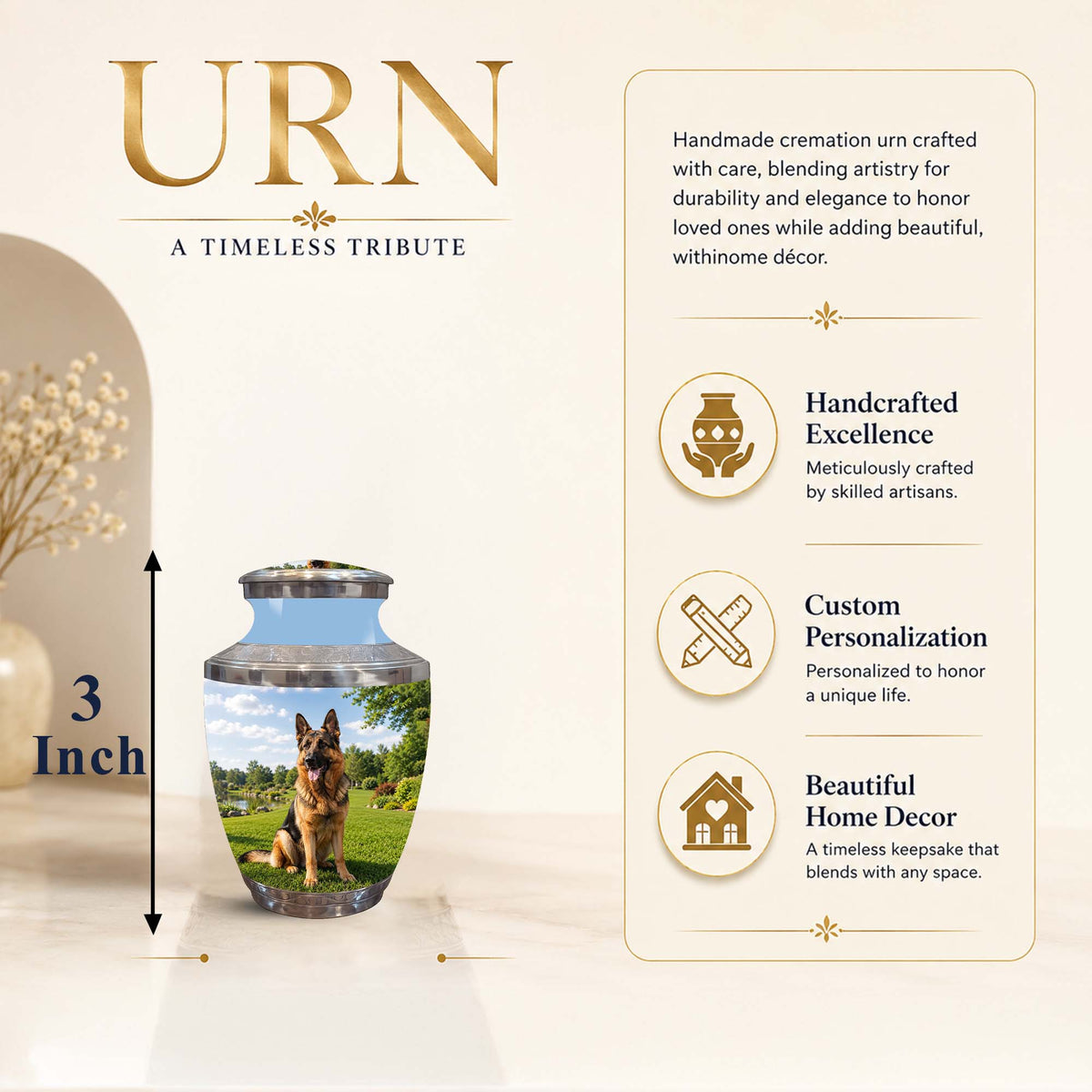 A personalized 3 inch pet cremation urn shown on a beige promotional background with text callouts. The urn is a small decorative jar with a lid, featuring a printed photo of a German Shepherd dog in a grassy field on the front.