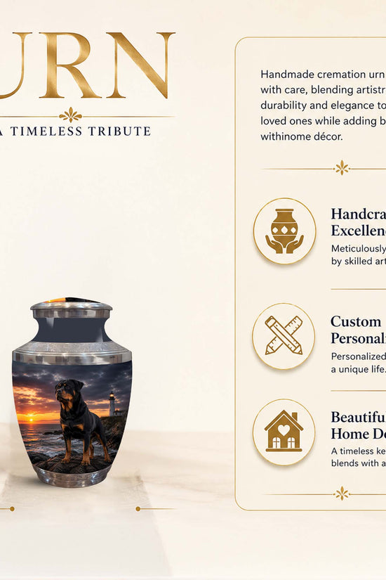 A personalized pet cremation urn with a printed sunset scene of a black and tan dog on the front, shown on a beige background with informational text and a 3-inch height indicator.
