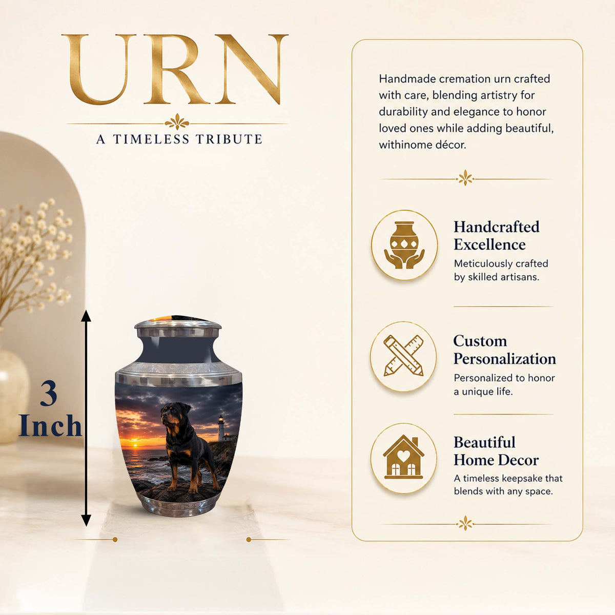 A personalized pet cremation urn with a printed sunset scene of a black and tan dog on the front, shown on a beige background with informational text and a 3-inch height indicator.