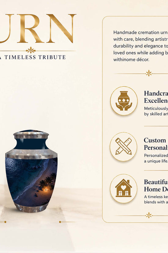 A 3-inch handmade cremation urn with a dark blue and black textured body, a warm gold-toned rim, and a small sunset landscape window, shown on a beige background with descriptive text and feature icons.