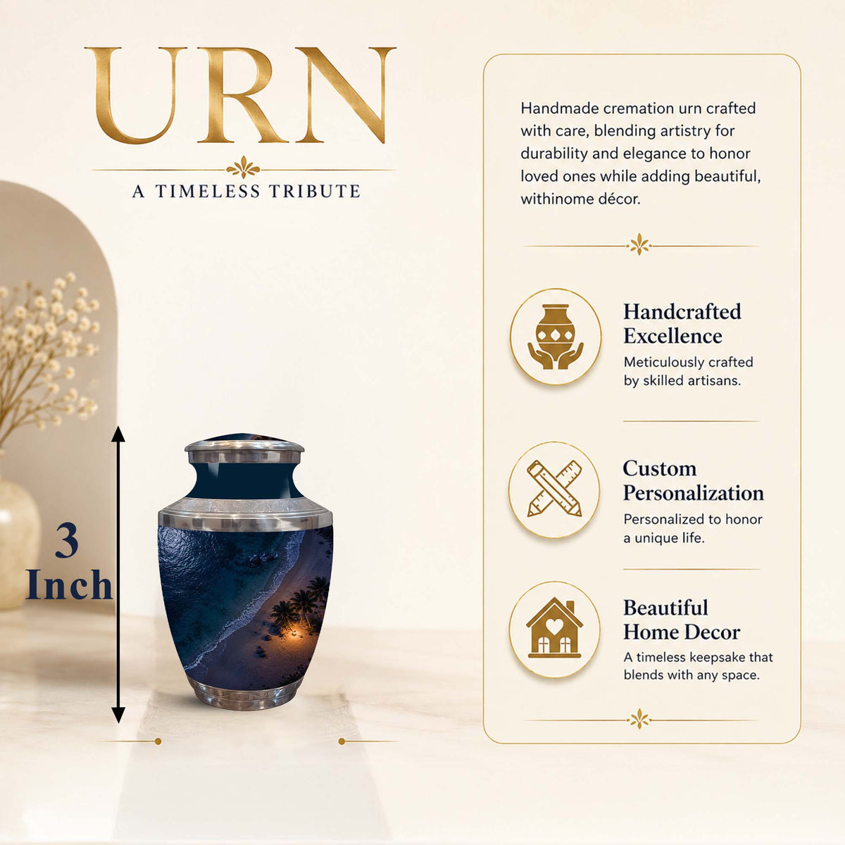 A 3-inch handmade cremation urn with a dark blue and black textured body, a warm gold-toned rim, and a small sunset landscape window, shown on a beige background with descriptive text and feature icons.