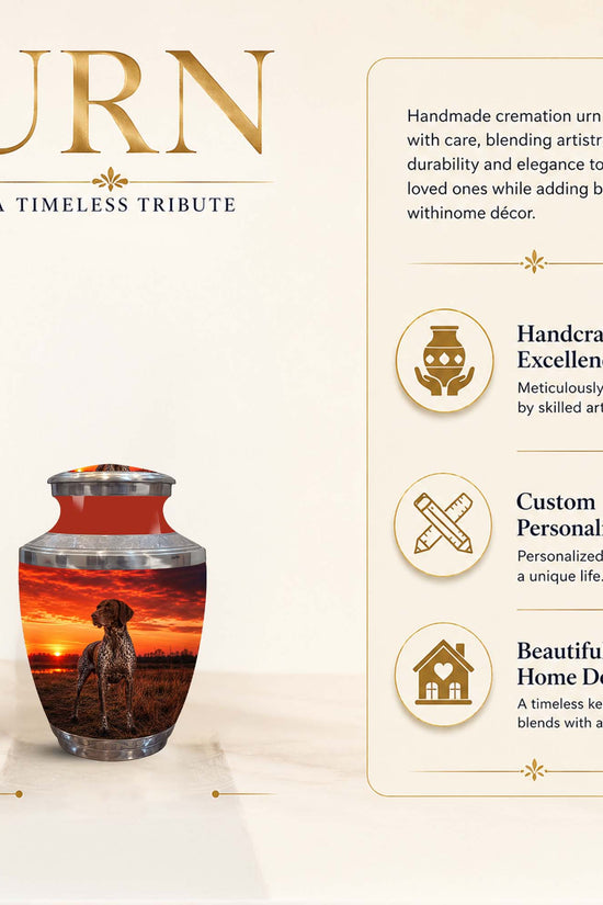 Personalized glass cremation urn with a sunset dog memorial print, shown on a beige background with product features and dimensions.