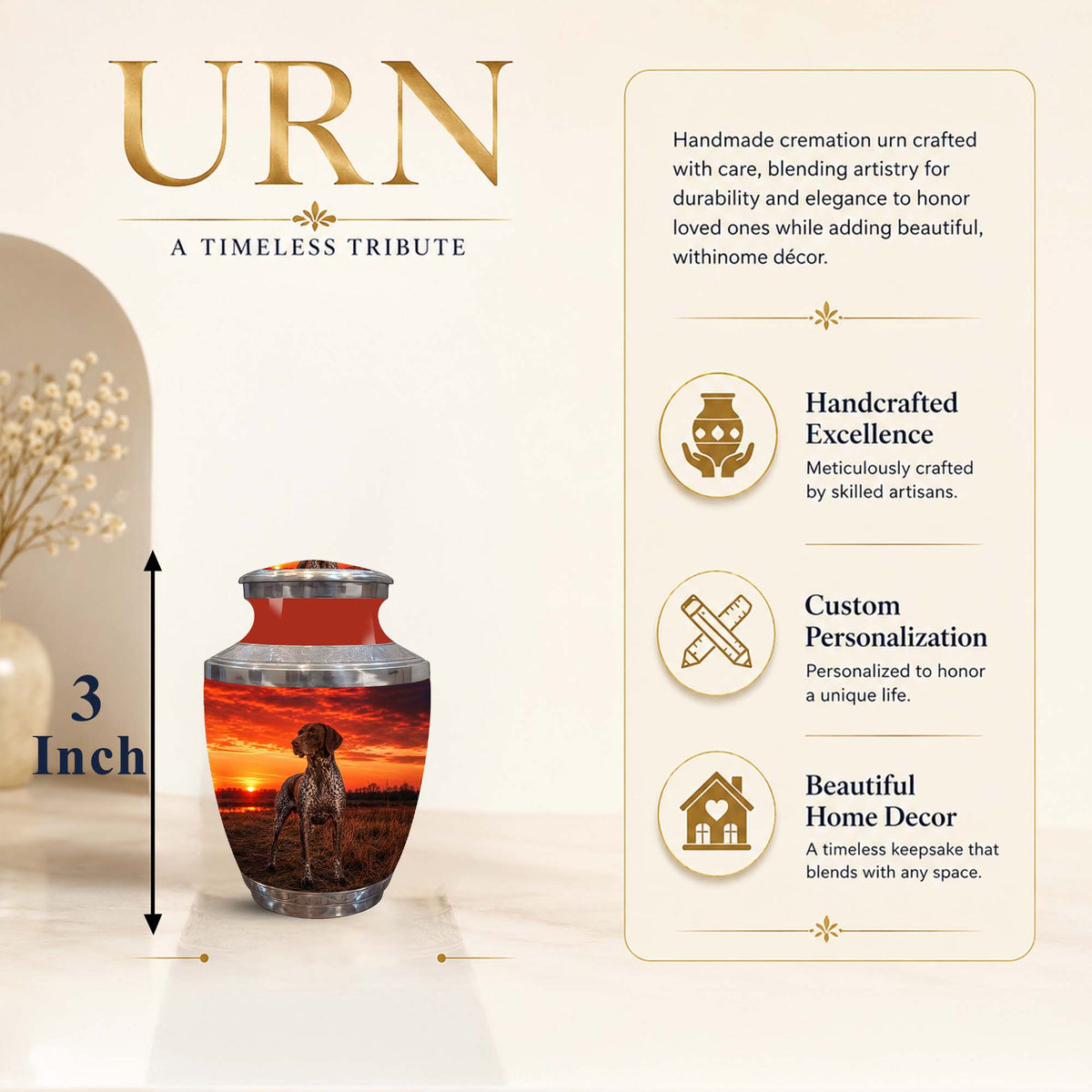 Personalized glass cremation urn with a sunset dog memorial print, shown on a beige background with product features and dimensions.
