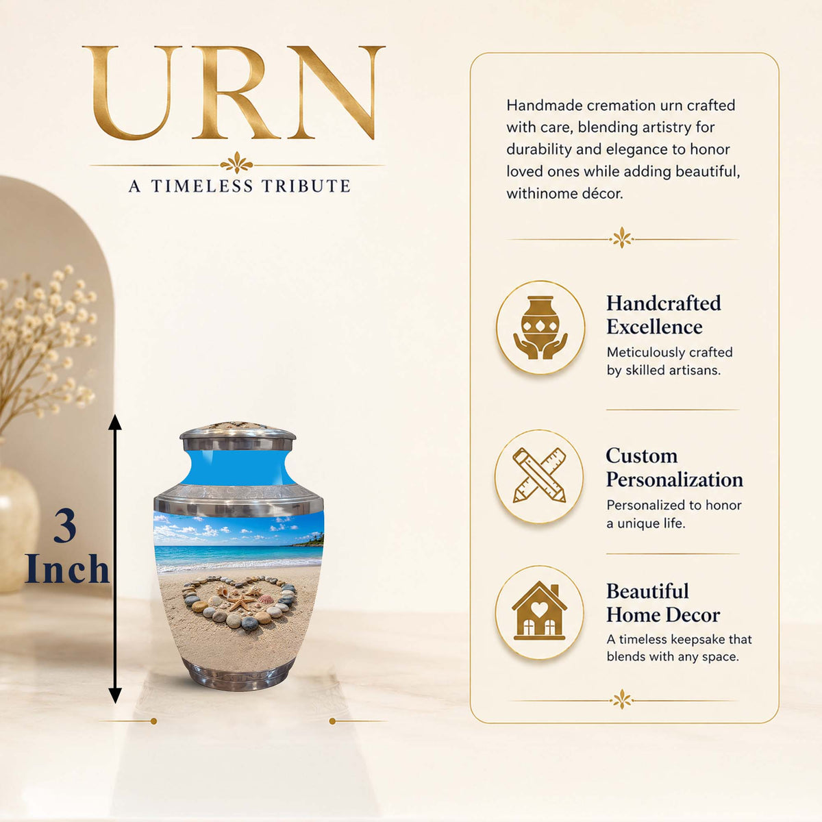 A cremation urn shown on a beige promotional graphic with the word 'URN' at top left and feature callouts on the right. The urn has a printed beach scene with blue sky, white sand, and a circular stone arrangement, plus a metallic gold top and base.
