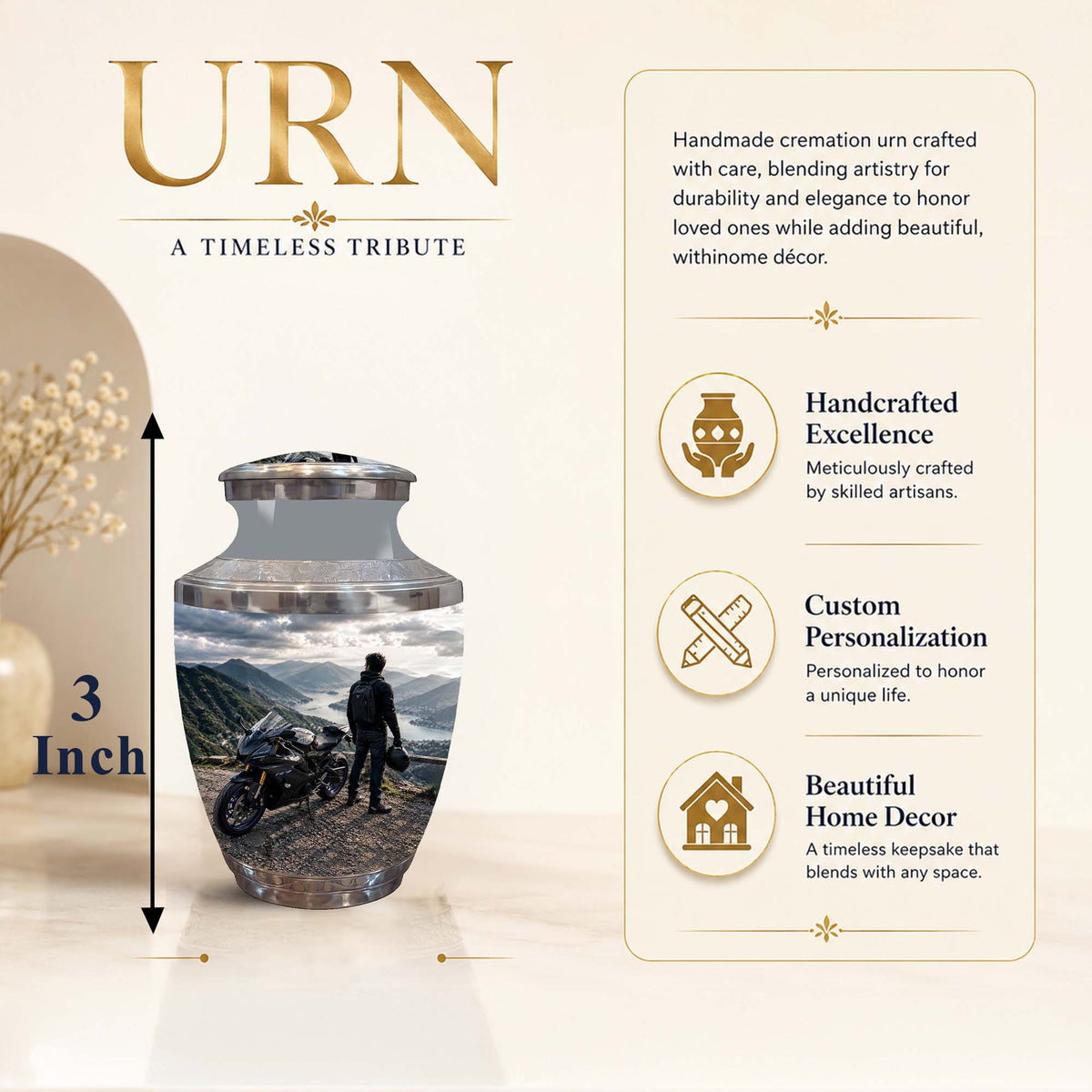 A cream-colored cremation urn with a scenic mountain landscape print and a motorcycle on the front, shown on a beige background with descriptive text and feature icons. The text reads 'URN' and includes details about handcrafted excellence, custom personalization, and beautiful home decor.