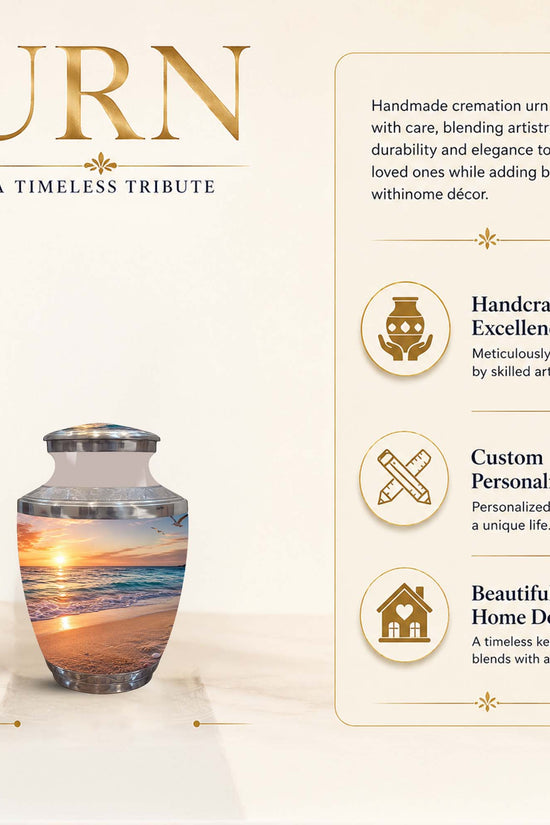 A cremation urn with a sunset ocean scene printed on the exterior, shown on a clean beige promotional background with text callouts, a 3-inch height marker, and feature icons for handcrafted excellence, customization, and home decor appeal.