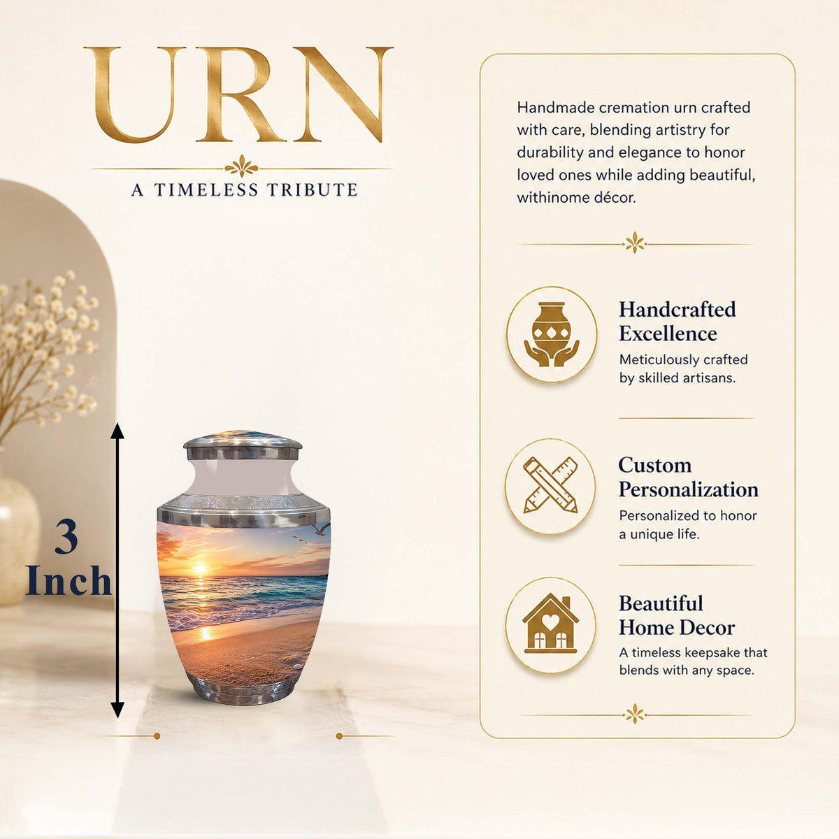 A cremation urn with a sunset ocean scene printed on the exterior, shown on a clean beige promotional background with text callouts, a 3-inch height marker, and feature icons for handcrafted excellence, customization, and home decor appeal.