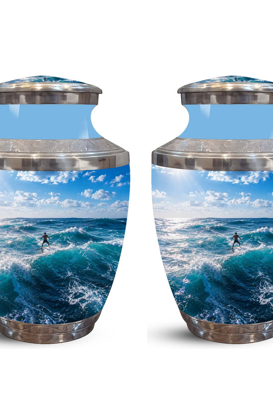 Man Surfing Big Waves Ocean Cremation Urn – Custom Aluminum Memorial Urn