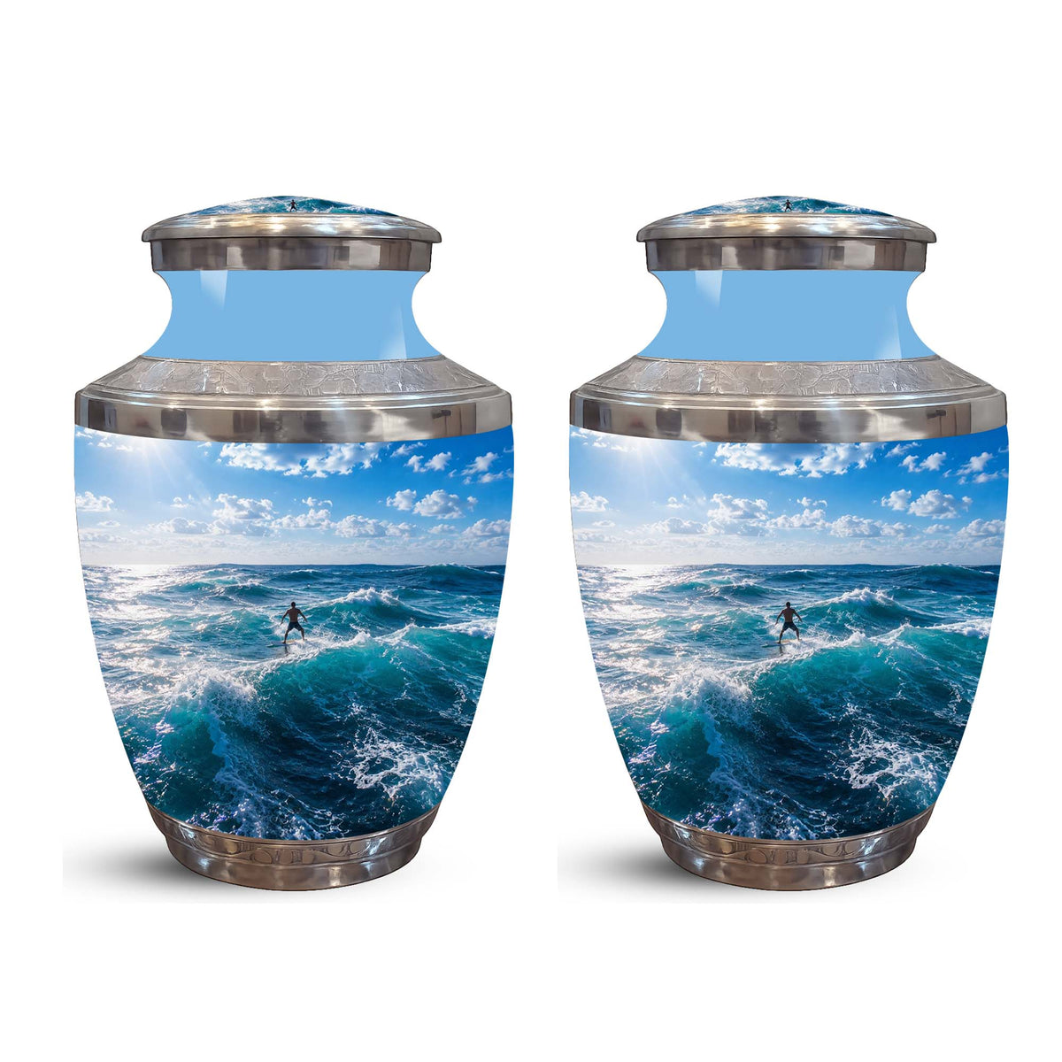 Man Surfing Big Waves Ocean Cremation Urn – Custom Aluminum Memorial Urn