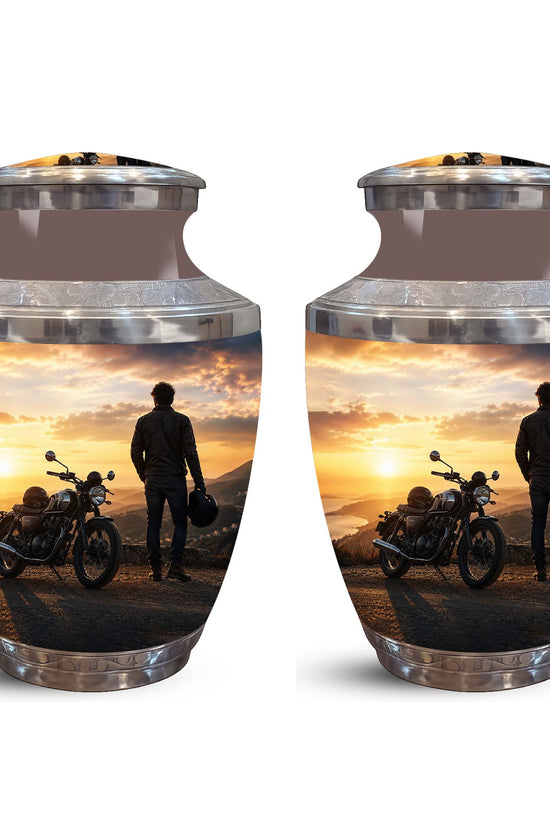 Sunset Motor Bike Rider Funeral Urn - Custom Memorial Tribute Funeral Urns
