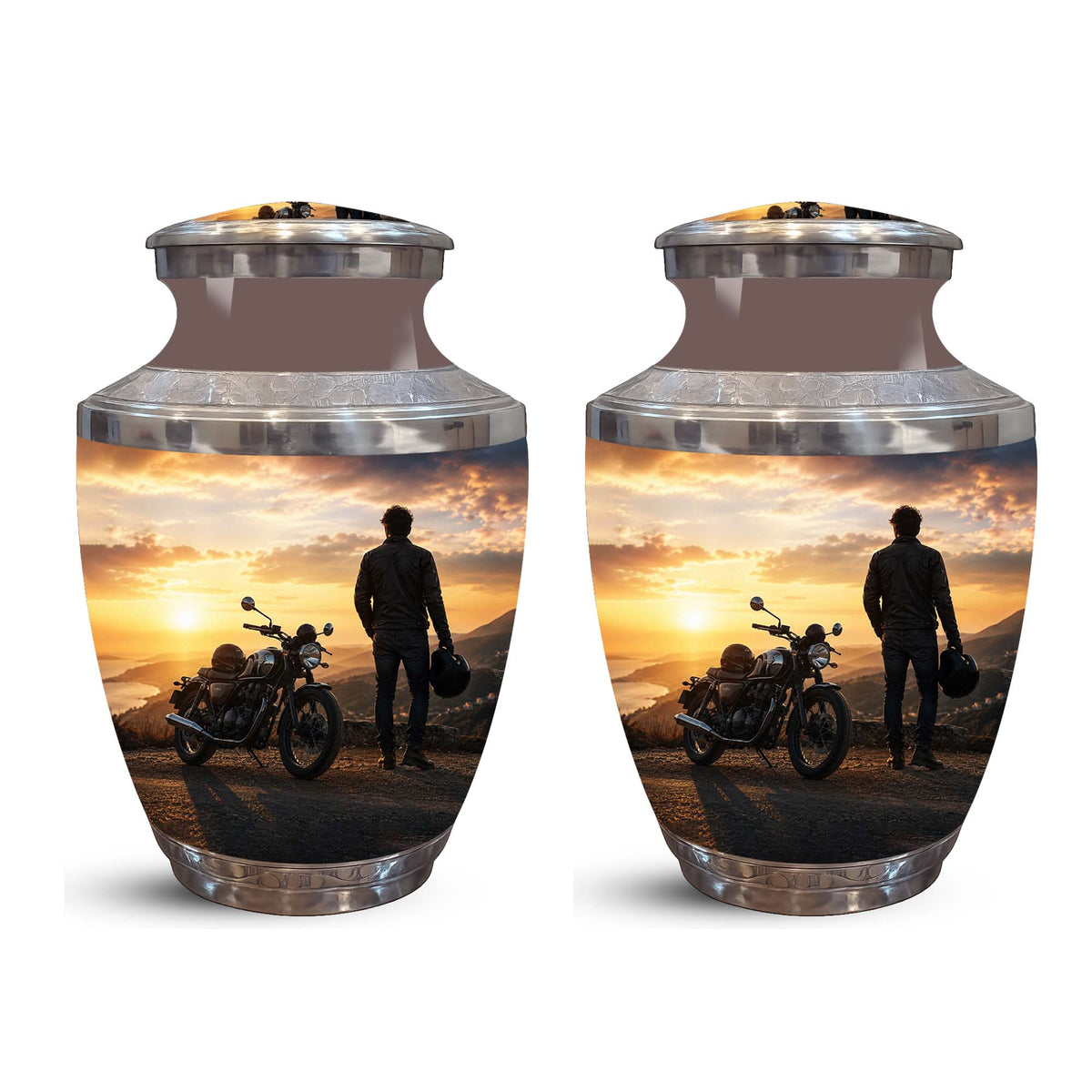 Sunset Motor Bike Rider Funeral Urn - Custom Memorial Tribute Funeral Urns