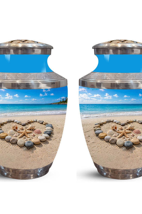 Personalized Blue Ocean Heart Beach Urn - Aluminum Urns For Ashes